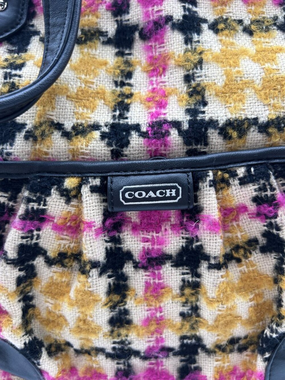 Coach Ashley Plaid Wool Carryall Satchel Bag Pink Yellow Houndstooth 14845 - Picture 3 of 13